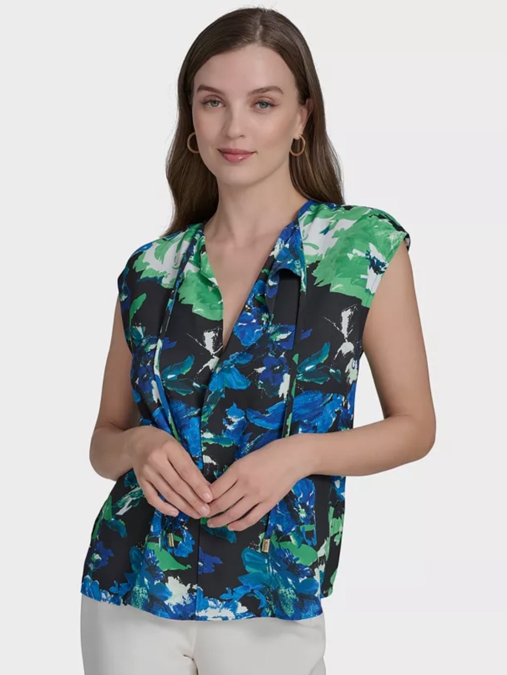 HALSTON green and blue floral blouse